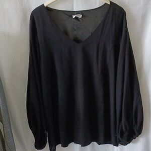 Qearal V Neck Blouse, black, balloon sleeves